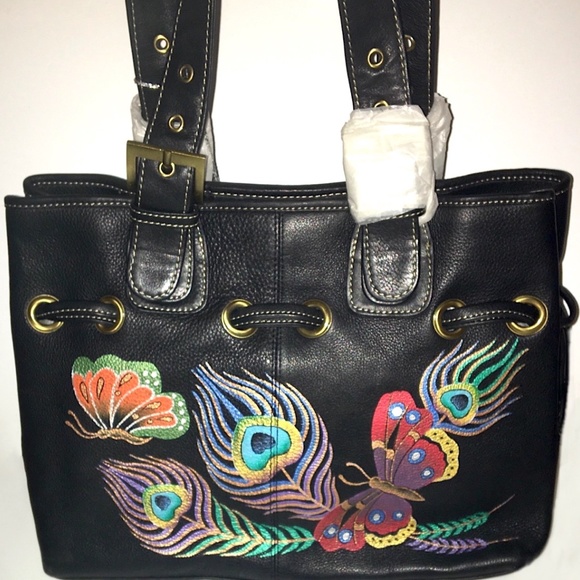 ANUSCHKA SHOULDER HANDBAG PEACOCK FEATHER & BUTTERFLY - Picture 8 of 8